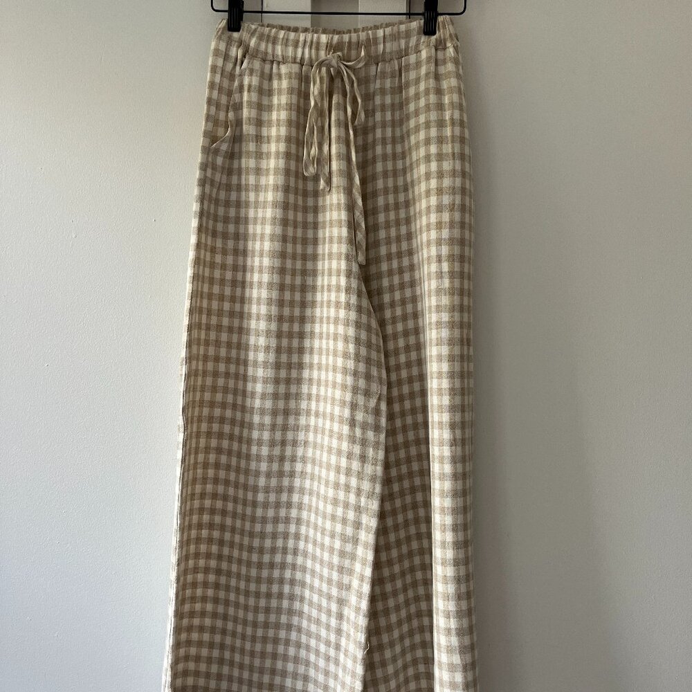 Rachel Pally Linen Gingham Drawstring Wide Leg Pants - Size Small
